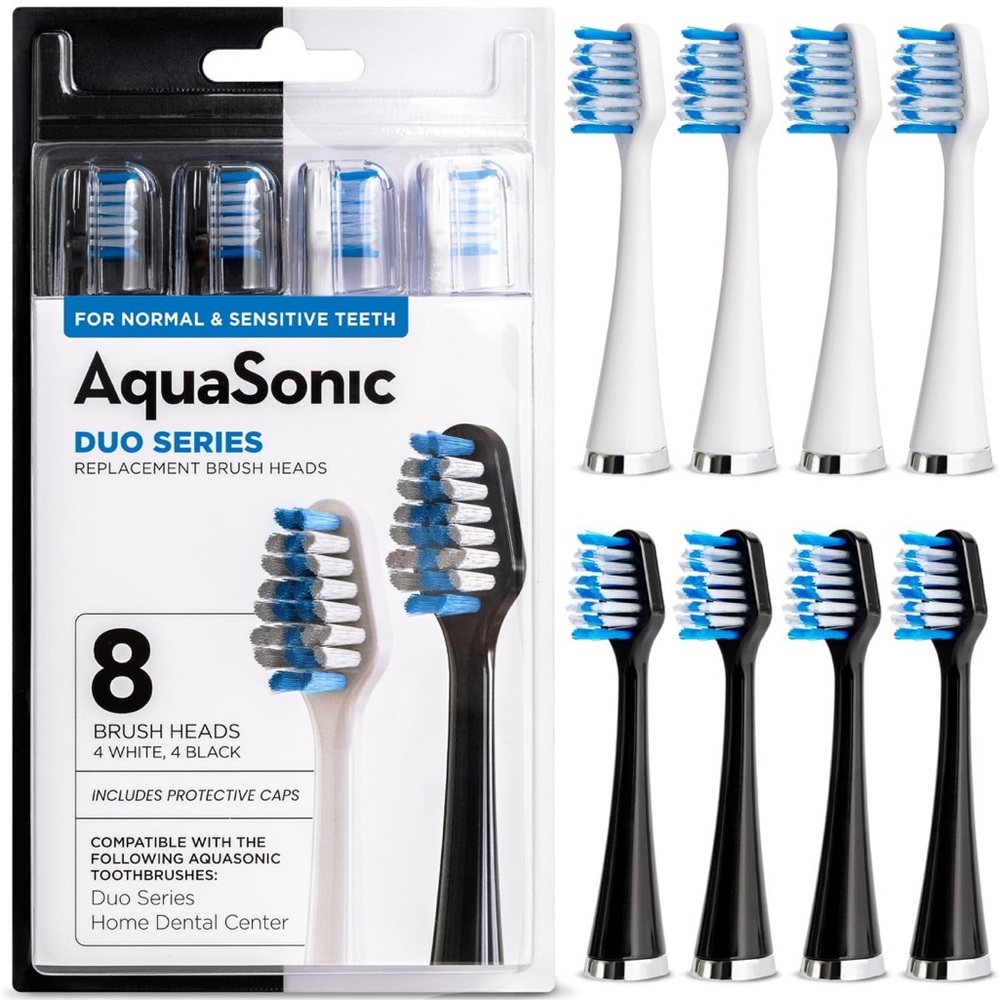 16 Black & White Toothbrush Heads for AquaSonic DUO Series & Home Dental Center